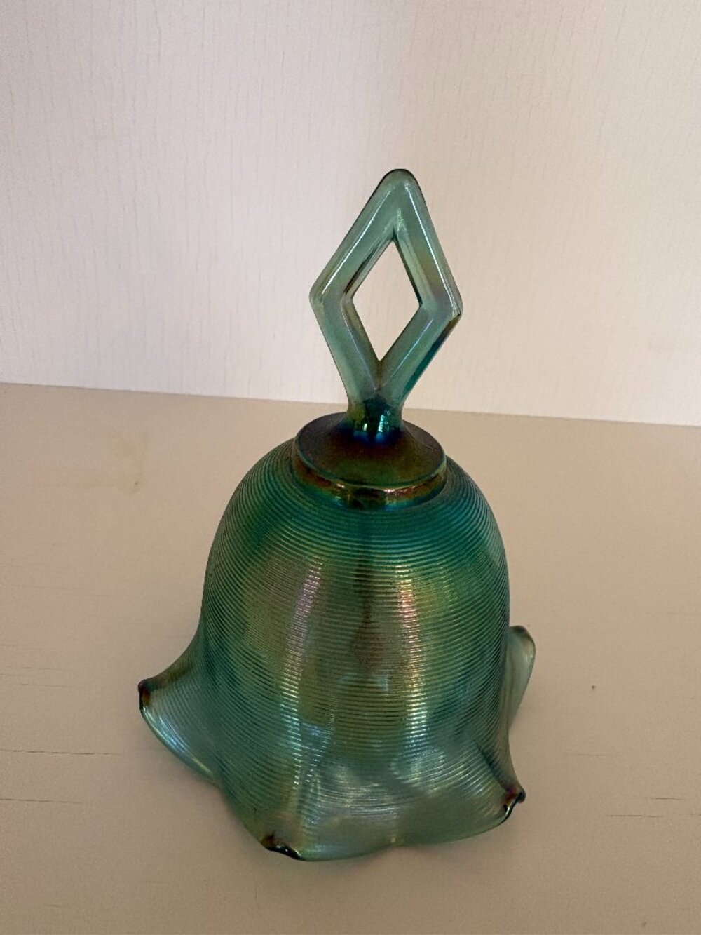 Vintage Fenton Glass Iridescent Fluted Green Threaded Carnival Glass Bell